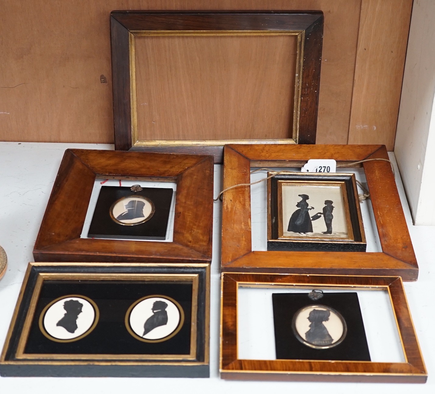 Four framed sets 19th century silhouettes, one with two silhouettes, together with four separate frames